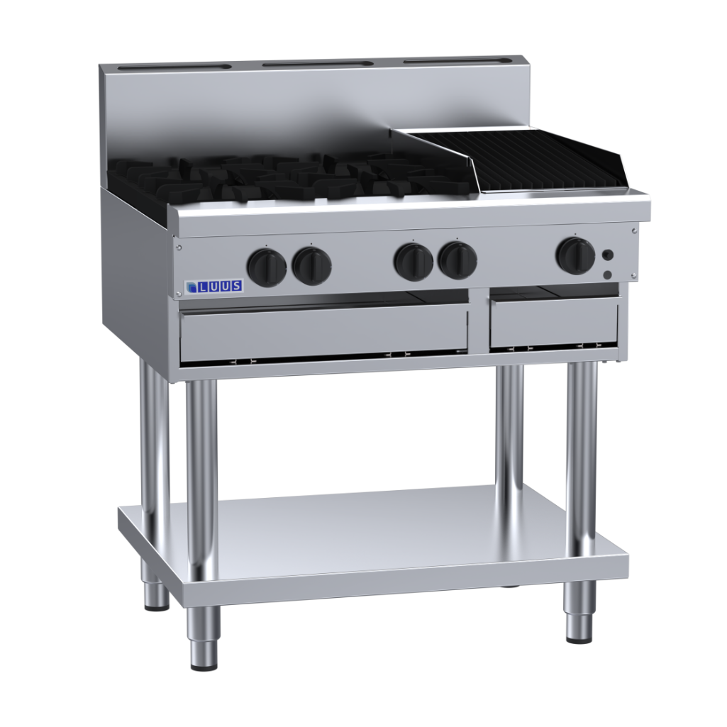 CS-4B3C: 900mm Commercial Gas 4 Burner & 300mm Chargrill Cooktop
