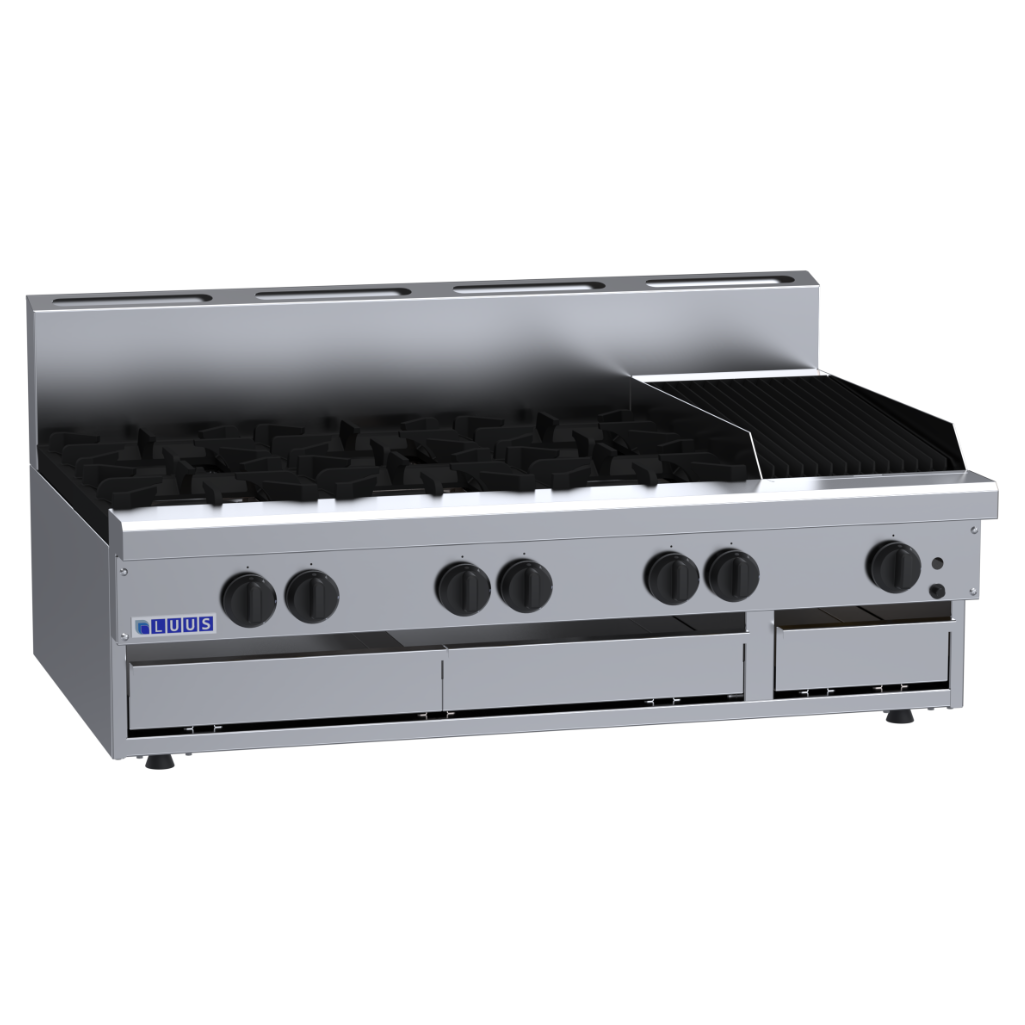 CS-6B3C: 1200mm Commercial Gas 6 Burner & 300mm Chargrill Cooktop