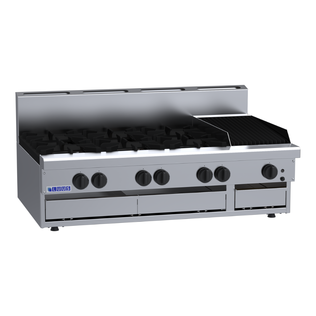 CS-6B3C: 1200mm Commercial Gas 6 Burner & 300mm Chargrill Cooktop
