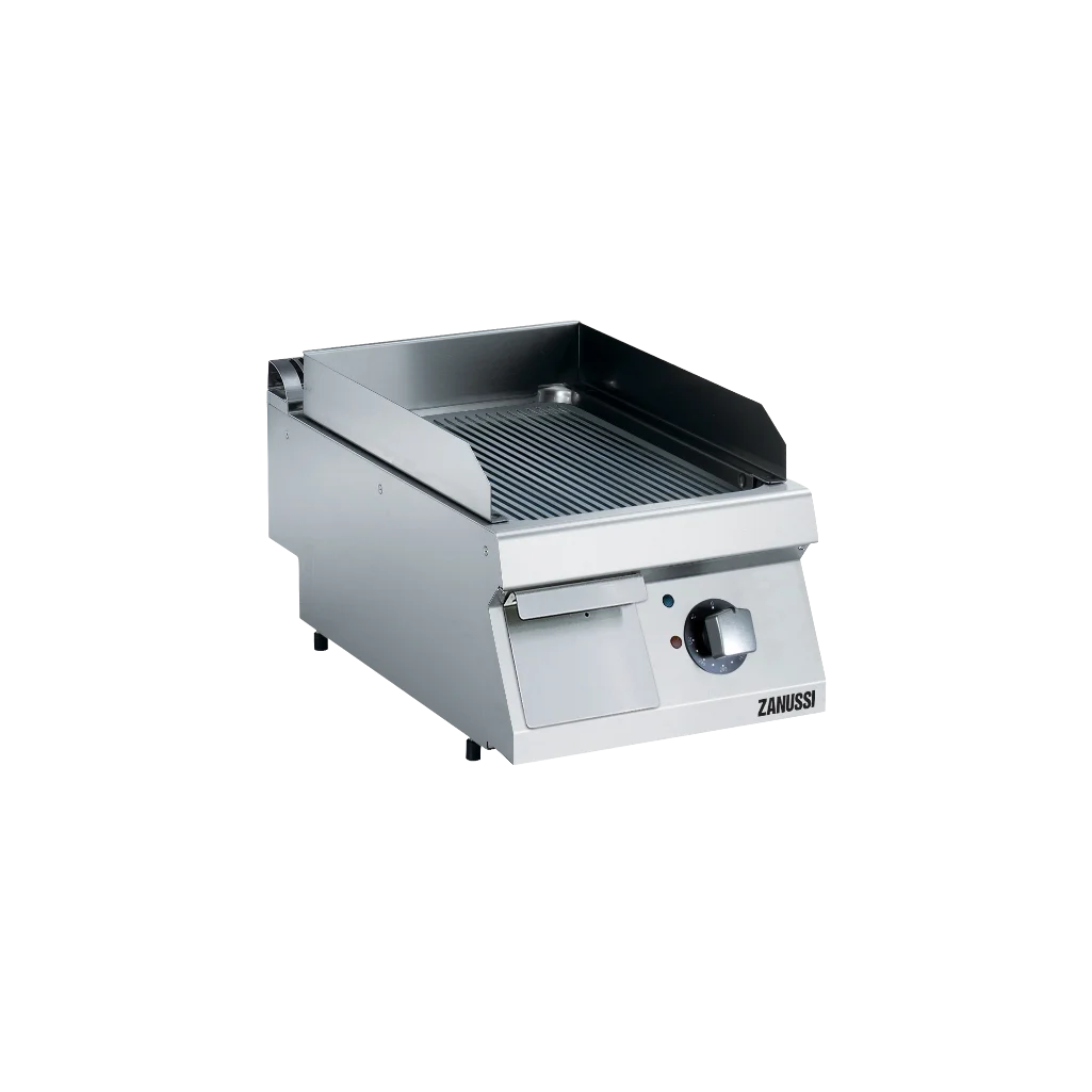 EVO700: 400mm Commercial Electric Ribbed Brushed Chrome Fry Top