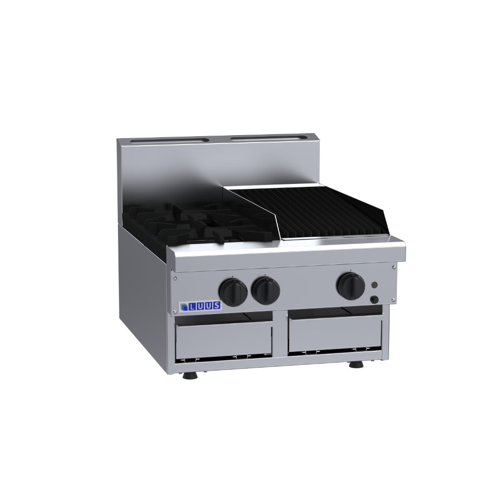 CS-2B3C: 600mm Commercial Gas 2 Burner &amp; 300mm Chargrill Cooktop