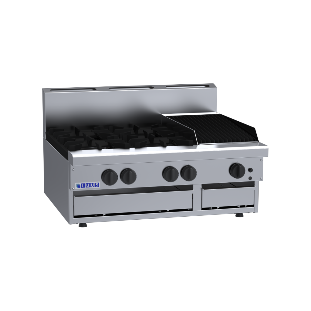 CS-4B3C: 900mm Commercial Gas 4 Burner &amp; 300mm Chargrill Cooktop