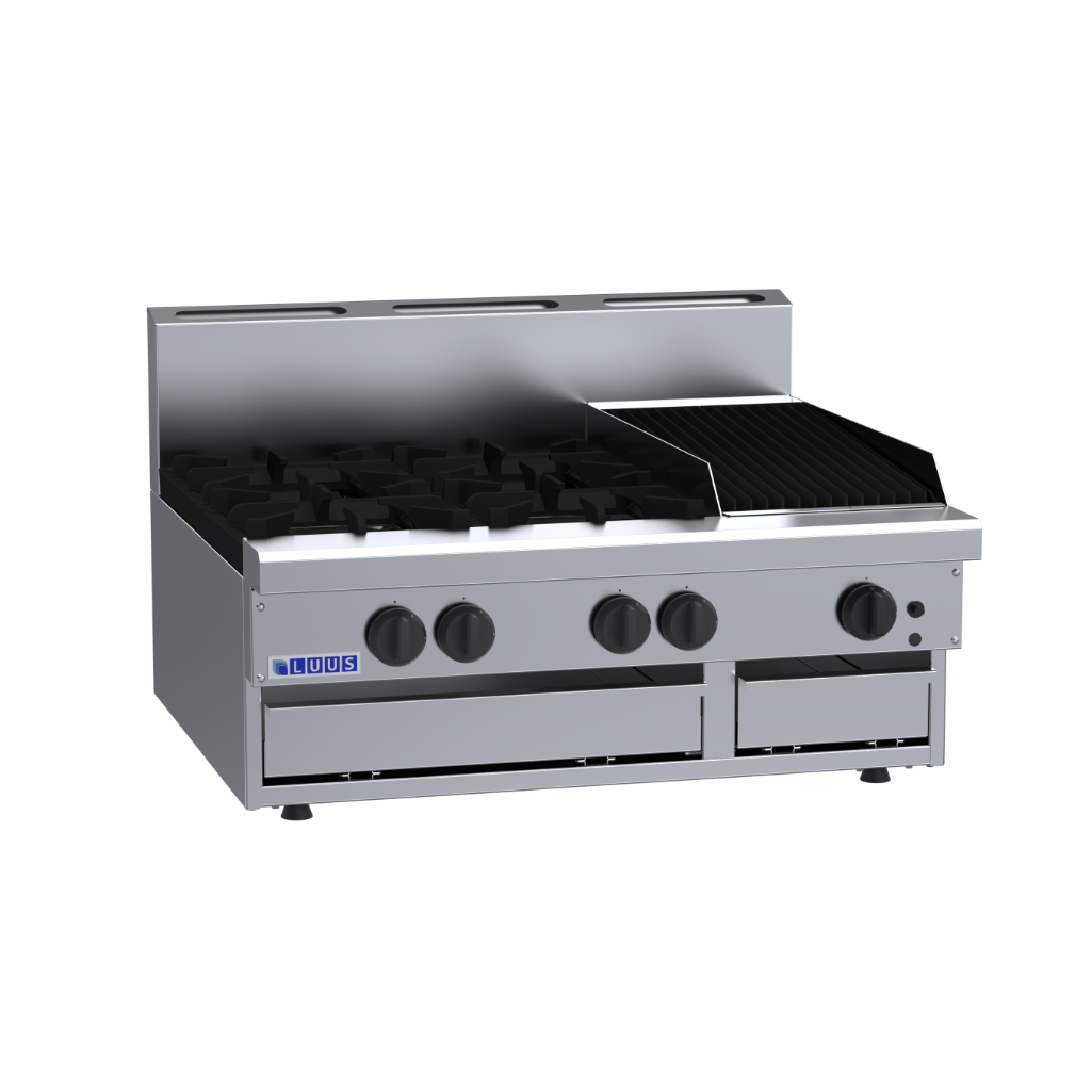 CS-4B3C: 900mm Commercial Gas 4 Burner &amp; 300mm Chargrill Cooktop