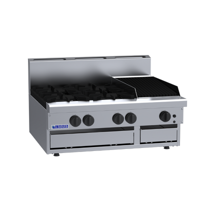 CS-4B3C: 900mm Commercial Gas 4 Burner &amp; 300mm Chargrill Cooktop