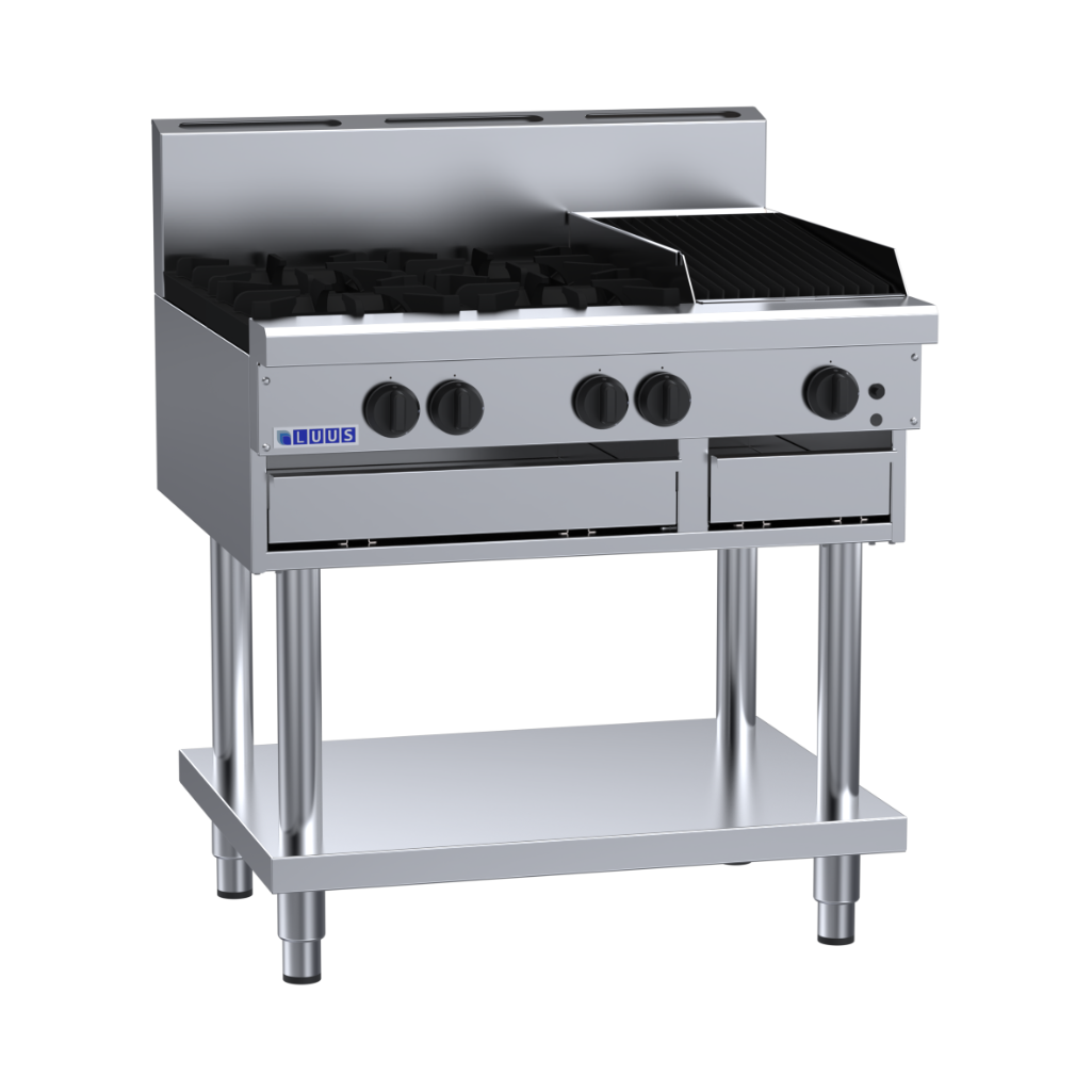 CS-4B3C: 900mm Commercial Gas 4 Burner &amp; 300mm Chargrill Cooktop