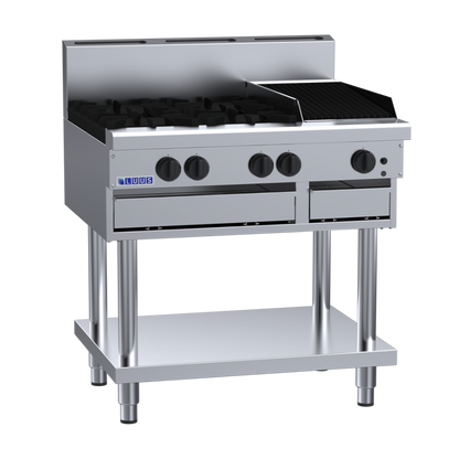 CS-4B3C: 900mm Commercial Gas 4 Burner &amp; 300mm Chargrill Cooktop
