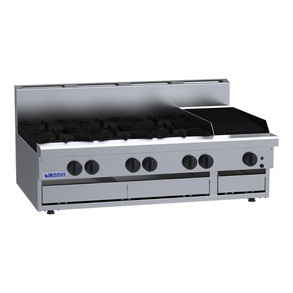 CS-6B3C: 1200mm Commercial Gas 6 Burner &amp; 300mm Chargrill Cooktop