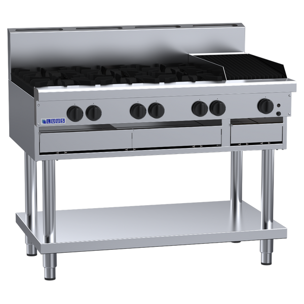 CS-6B3C: 1200mm Commercial Gas 6 Burner & 300mm Chargrill Cooktop