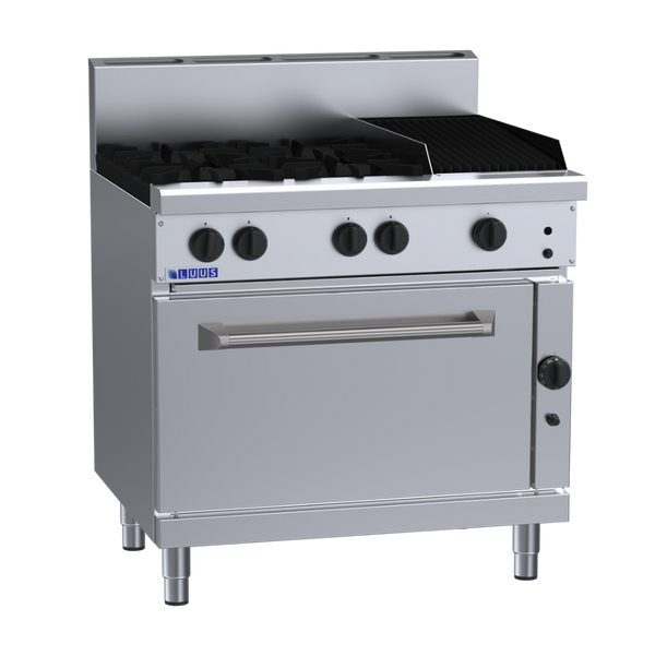 RS-4B3C: 900mm Gas 4 Burner 300mm Chargrill Range & Static Oven